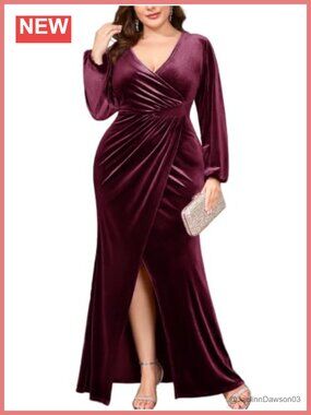 Velvet Plus Size Maxi Dress Long Sleeve V Neck Ruched Front Slit Formal Evening